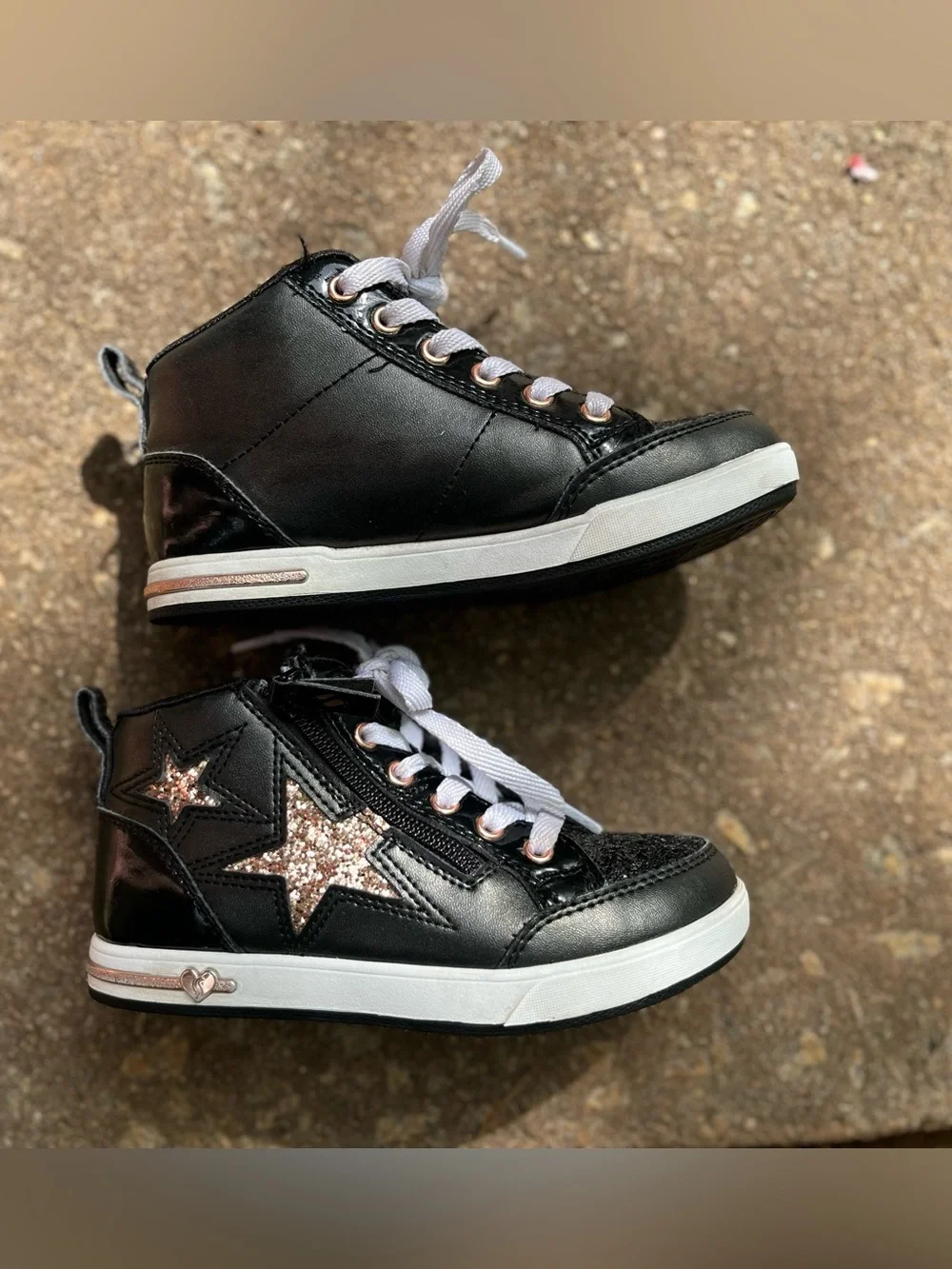 Skechers Kids Black High-Top Sneakers with Rose Gold Star Accents Size 12